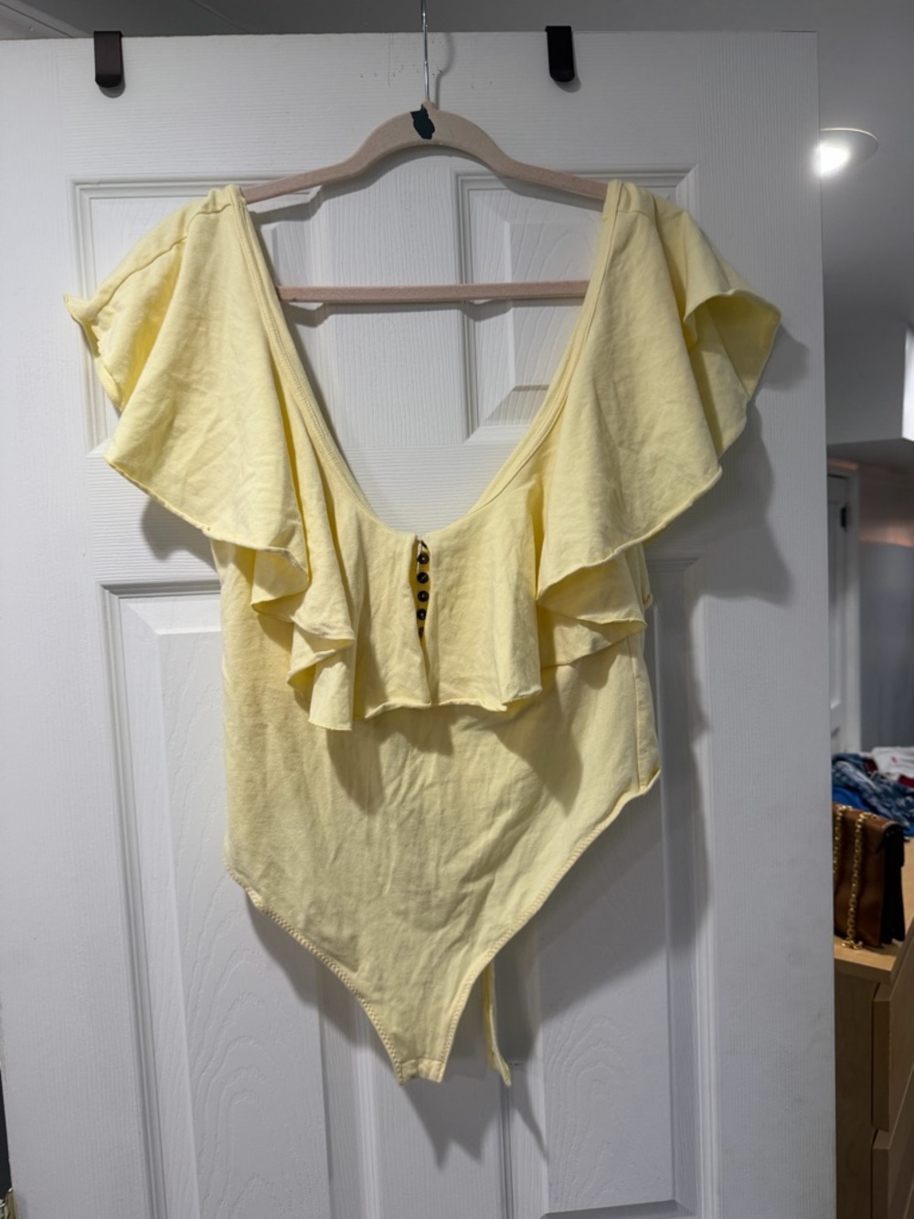 Free People Pale Yellow Ruffle V-Neck Bodysuit